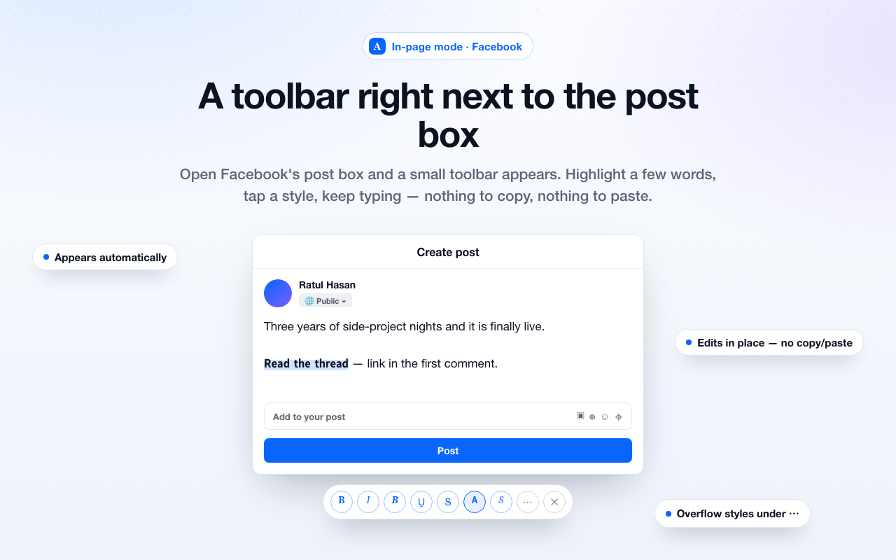 A floating format toolbar below a social post composer