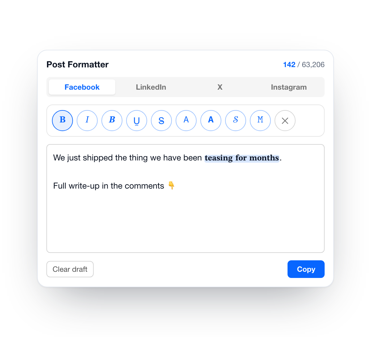 The extension popup: platform tabs, a row of style buttons, and a draft with a bolded phrase